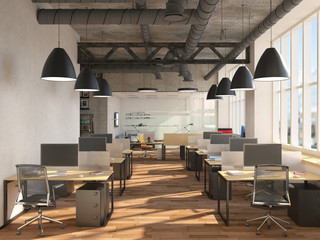 Side view of contemporary conference room with city view and daylight. 3D Rendering