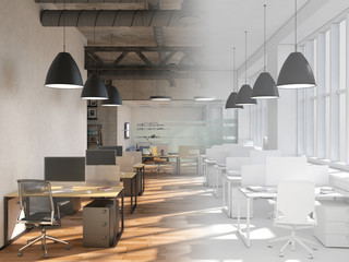 The office space is divided into two parts by an imaginary line. On the one hand a beautiful bright interior, on the other completely white. 3d rendering mock up