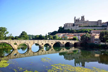 Cathedral Saint-Nazaire and Pont Vieux over the River Orb in Beziers,France
