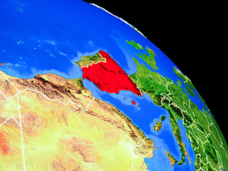 Spain on planet Earth from space with country borders. Very fine detail of planet surface.