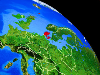 Denmark on planet Earth from space with country borders. Very fine detail of planet surface.