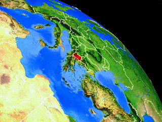 Macedonia on planet Earth from space with country borders. Very fine detail of planet surface.