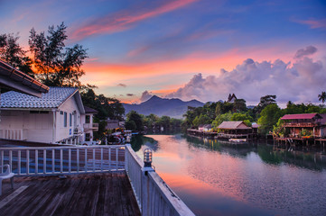 beautiful riverside view with sunrise and purple sky at klong prao at ko chang ,tourist attraction of trat province in thailand - obrazy, fototapety, plakaty