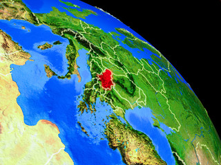 Serbia on planet Earth from space with country borders. Very fine detail of planet surface.