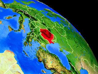 Romania on planet Earth from space with country borders. Very fine detail of planet surface.