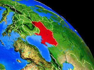 Ukraine on planet Earth from space with country borders. Very fine detail of planet surface.