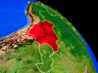 Bolivia on planet Earth from space with country borders. Very fine detail of planet surface.