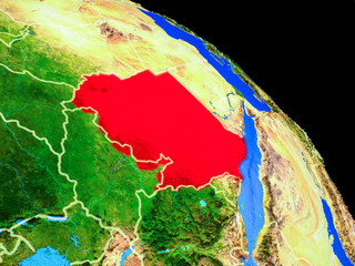 Sudan on planet Earth from space with country borders. Very fine detail of planet surface.