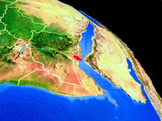 Djibouti on planet Earth from space with country borders. Very fine detail of planet surface.