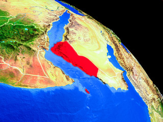 Yemen on planet Earth from space with country borders. Very fine detail of planet surface.