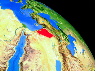Syria on planet Earth from space with country borders. Very fine detail of planet surface.