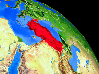 Turkey on planet Earth from space with country borders. Very fine detail of planet surface.