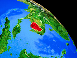 Cambodia on planet Earth from space with country borders. Very fine detail of planet surface.