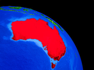 Australia on planet Earth from space with country borders. Very fine detail of planet surface.