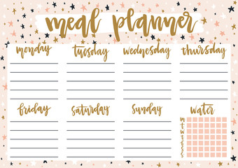Cute A4 template for weekly and daily meal planner with lettering on pastel background with stars. Organizer and water check list. Self-organization concept for 2019 year with graphic design elements.