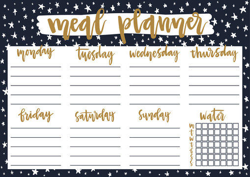 Cute A4 template for weekly and daily meal planner with lettering on dark background with stars. Organizer and water check list. Self-organization concept for 2019 year with graphic design elements.
