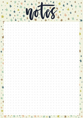 Cute A4 template for notes with lettering and decorative pastel background with stars. Vector print ready organizer and schedule with doted page. Trendy self-organization concept illustration for 2019