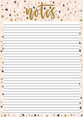 Cute A4 template for notes with lettering and decorative pastel background with stars. Vector print ready organizer and schedule with lined page. Trendy self-organization concept illustration for 2019