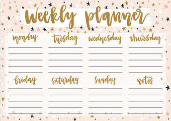 Cute weekly planner for 2019 year on pastel background with stars. A4 print ready template for weekly and daily planner with lettering. Organizer and schedule with notes. Self-organization concept.