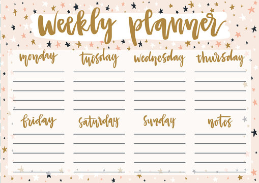 Cute weekly planner for 2019 year on pastel background with stars. A4 print ready template for weekly and daily planner with lettering. Organizer and schedule with notes. Self-organization concept.
