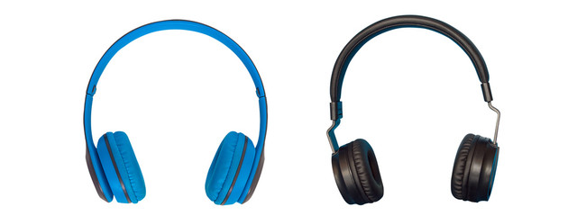 Black and Blue Headphones on White Background.