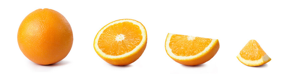 Whole and sliced orange isolated on white background. 