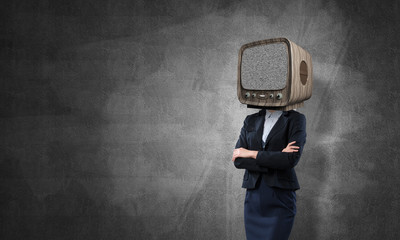 Business woman with old TV instead of head.