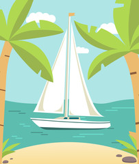 Cartoon summer tropical summer island landscape sandy beach palm trees sailing yacht.Sea cruise.Swimming sea vessel.Rest resort.Flat vector.Sunny day.Sailboat water surface.Poster, banner website