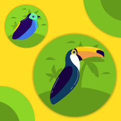 Summer Exotic tropical bird a toucan against the background of palm trees. Character cartoon cute birdie.Icon in flat vector. A design concept websites protection of animals or shops.Cartoon character