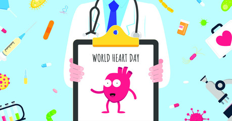 World heart day concept flat style design poster. Male man doctor hospital emloyee on it  holds clipboard arounded with hospital equipment and medicines. Medical awareness heart disease day banner.