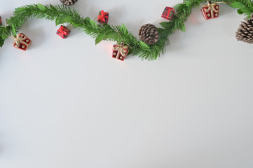 Xmas Copy space, Christmas composition decorations on white background Flat lay, top view.