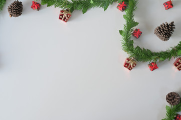 Xmas Copy space, Christmas composition decorations on white background Flat lay, top view.