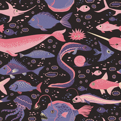 Seamless pattern of vector handdrawn underwater creatures, fishes, eels, planctone.