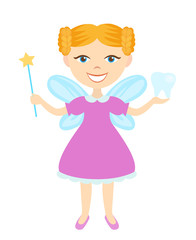 Tooth Fairy isolated on white background, blonde fairy holding magic wand and child's tooth