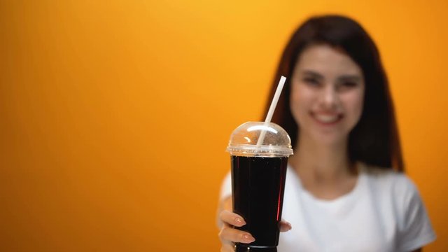 Happy Girl Showing Diet Soda To Camera, Low Calorie Drink, Healthy Lifestyle