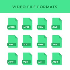 Set of video File Formats and Labels in flat icons style. Vector illustration