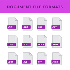 Set of Document File Formats and Labels in flat icons style. Vector illustration