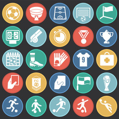 Soccer icons set on color cirles black background for graphic and web design, Modern simple vector sign. Internet concept. Trendy symbol for website design web button or mobile app