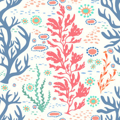 Seamless seaweed and plankton underwater background. Vector Illustration.