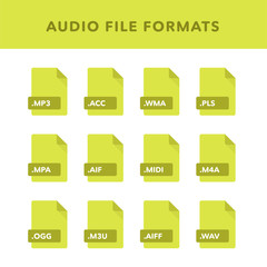 Set of audio File Formats and Labels in flat icons style. Vector illustration