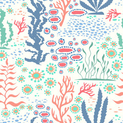 Seamless seaweed and plankton underwater background. Vector Illustration.
