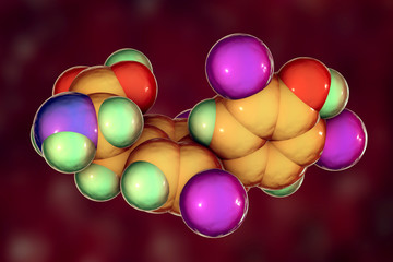 Molecule of thyroxine, T4, a hormone produced by thyroid gland, 3D illustration