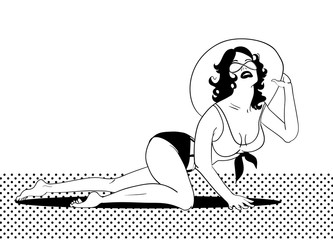 Summer sale poster design. Young beautiful woman in hat and bikini.Vector illustration.