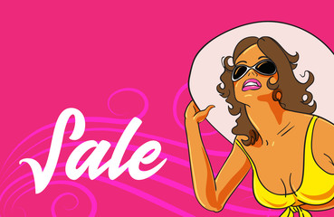 Summer sale poster design. Young beautiful woman in hat and bikini.Vector illustration.