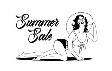 Summer sale poster design. Young beautiful woman in hat and bikini.Vector illustration.