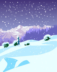 Ski and snowboard recreation poster design. A winter mountain landscape. Vector illustration.