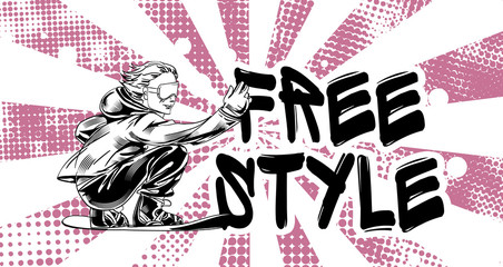 Winter sport poster with male character on snowboard. Vector illustration.