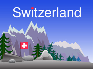 Poster for switzerland flag day with mountains and lettering text. Vector illustration.
