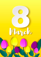 Vertical 8 march greeting card. International women’s day design with paper cut tulips.