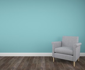 Empty room with parquet floor, blue wall and grey armchair. 3d rendering